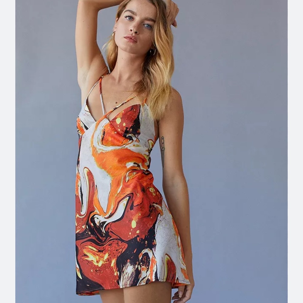 Urban outfitters silly satin strapped cutout dress in warm toned marble